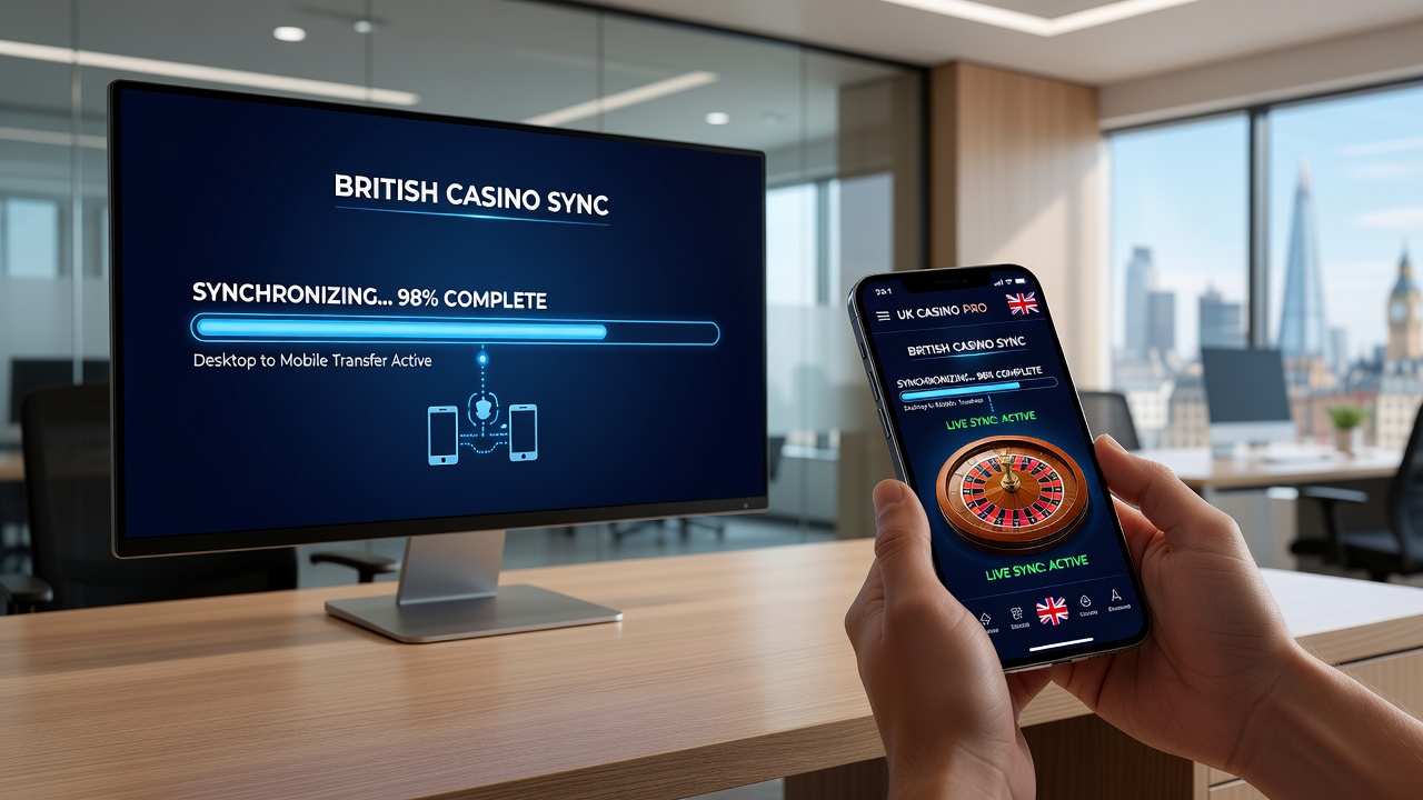 Close-up view of mobile and desktop screens displaying identical casino game interfaces with synced progress indicators