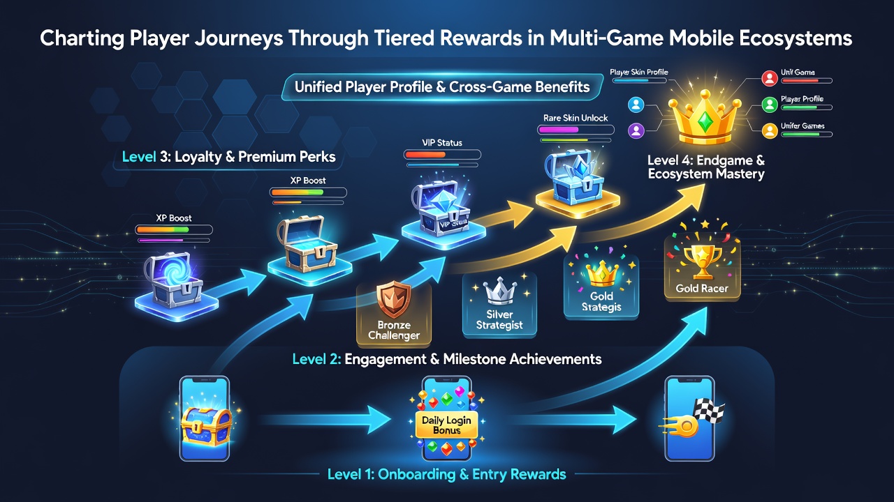 Dashboard interface displaying player tier status and reward unlocks across interconnected mobile games