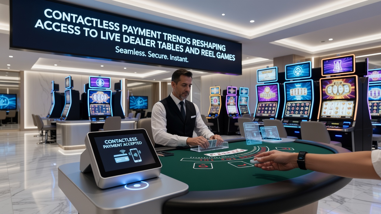 Player using contactless payment on a tablet while engaged with online slot reels