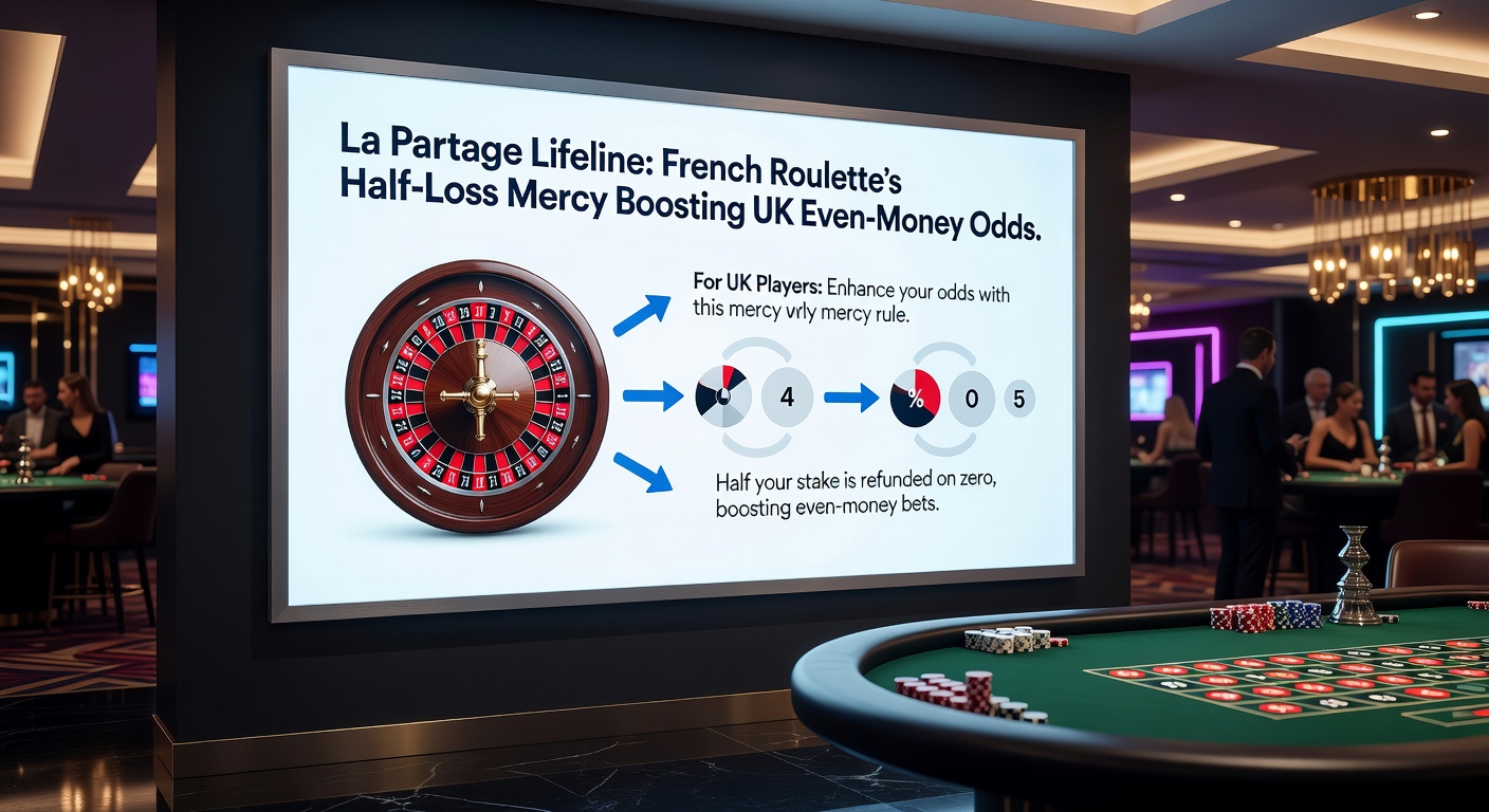 Close-up of a digital French Roulette interface displaying a La Partage payout on an even-money bet after zero lands, with chips halved and returned to the player