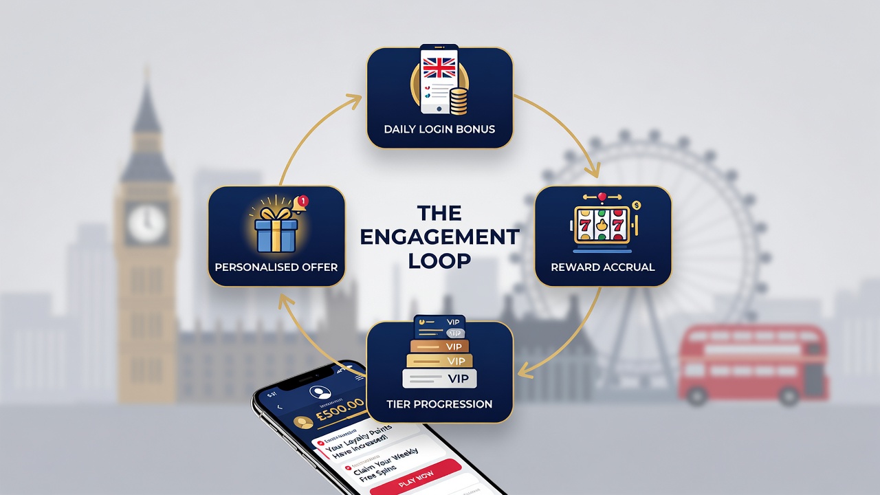 Close-up view of a loyalty program dashboard in a UK mobile casino app showing tier levels and upcoming rewards