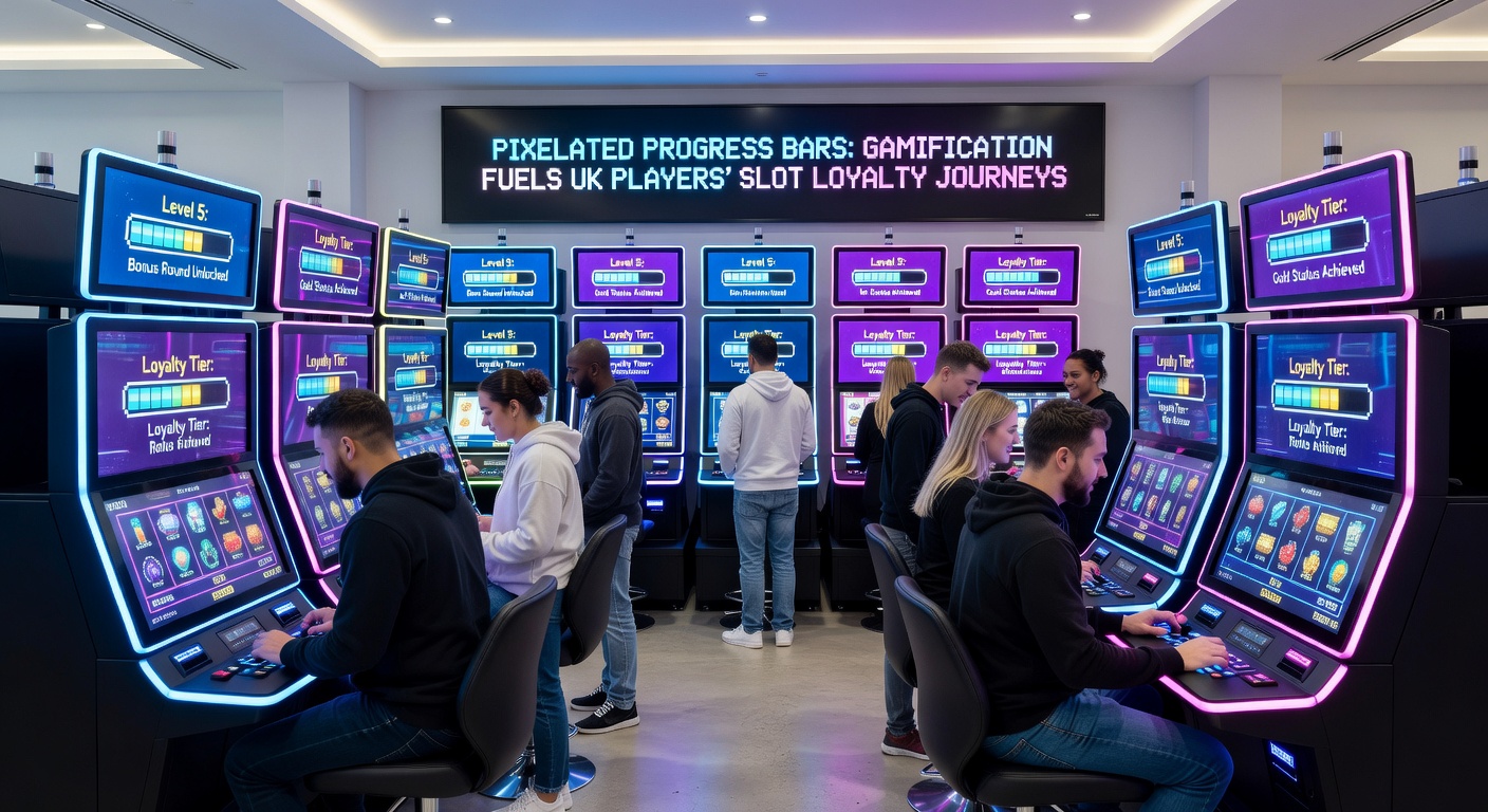 UK slot player celebrates a fully loaded pixelated progress bar, unlocking a cascade of loyalty rewards and bonus spins on their mobile device