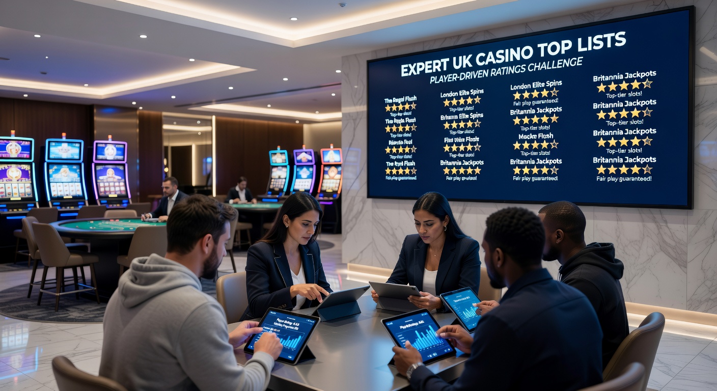 Screenshot of a player review dashboard on a casino rating site, highlighting top-voted UK operators with star ratings and comment snippets