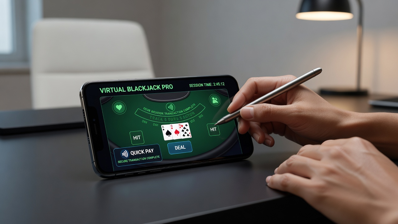Close-up of smartphone screen showing biometric confirmation during a live virtual blackjack hand