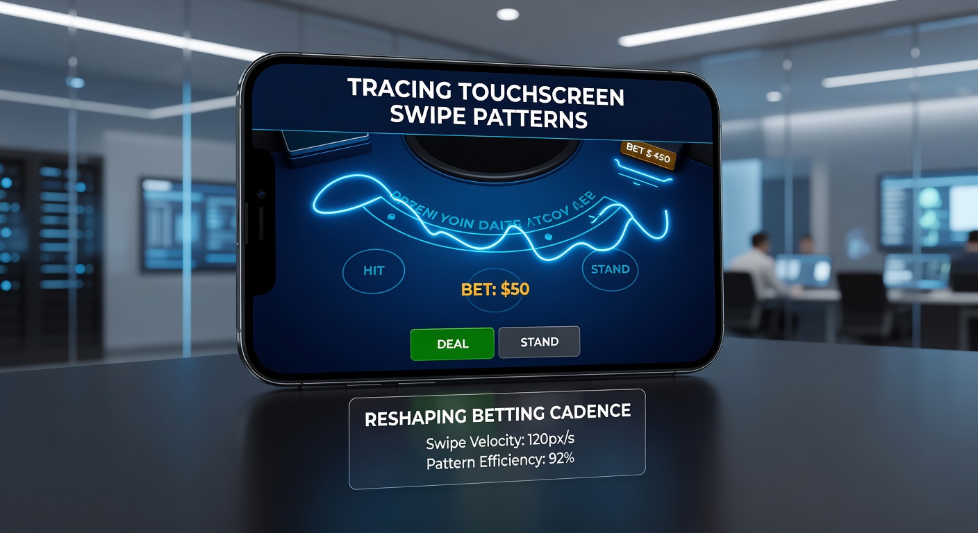 Analytics dashboard displaying swipe pattern heatmaps overlaid on mobile blackjack betting interface with cadence metrics