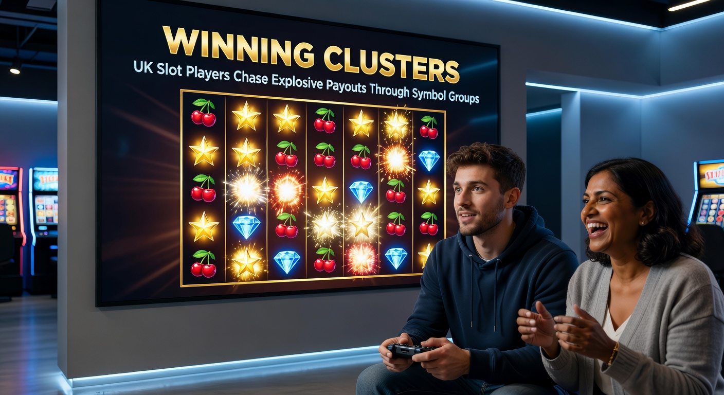 Dynamic screenshot of a cluster slot in action, with glowing symbol groups exploding and new ones tumbling down amid rising multiplier counters